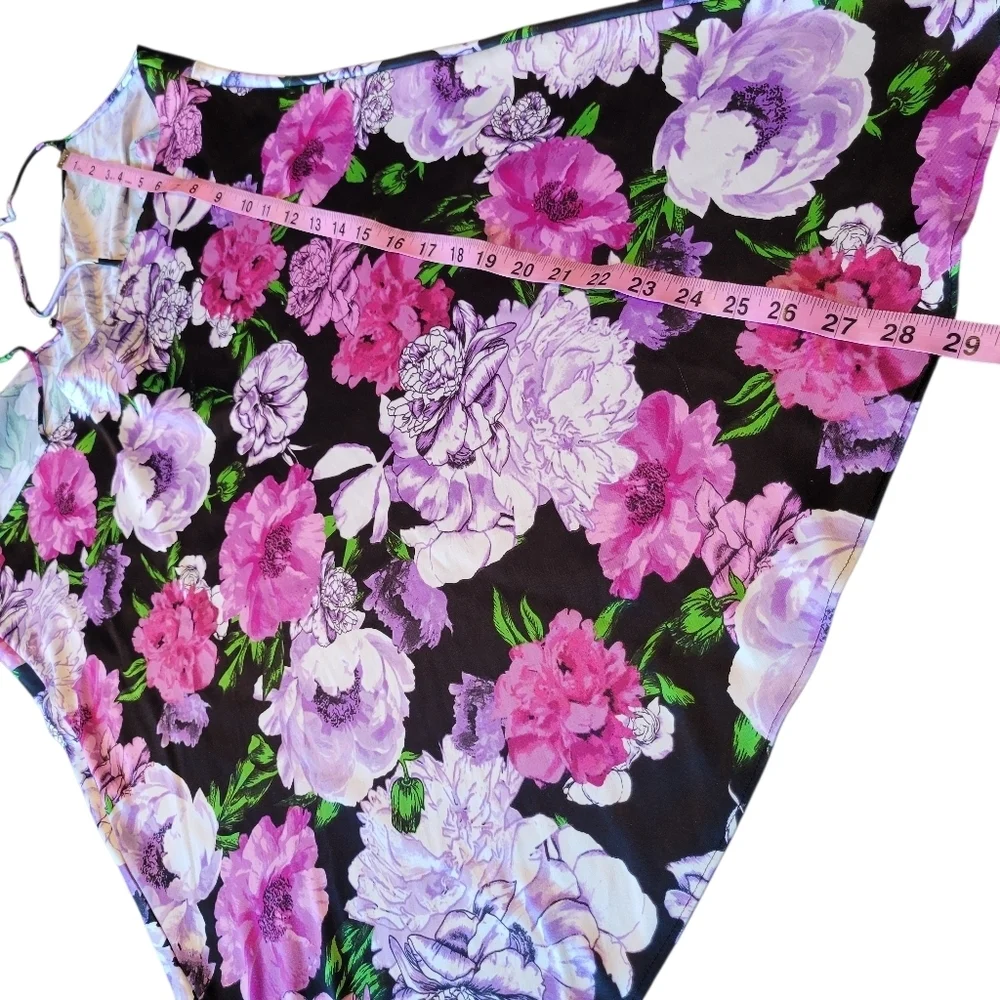 Victoria's Secret Tie Shoulders Black Pink Purple Rose Floral Satin Mini Slip